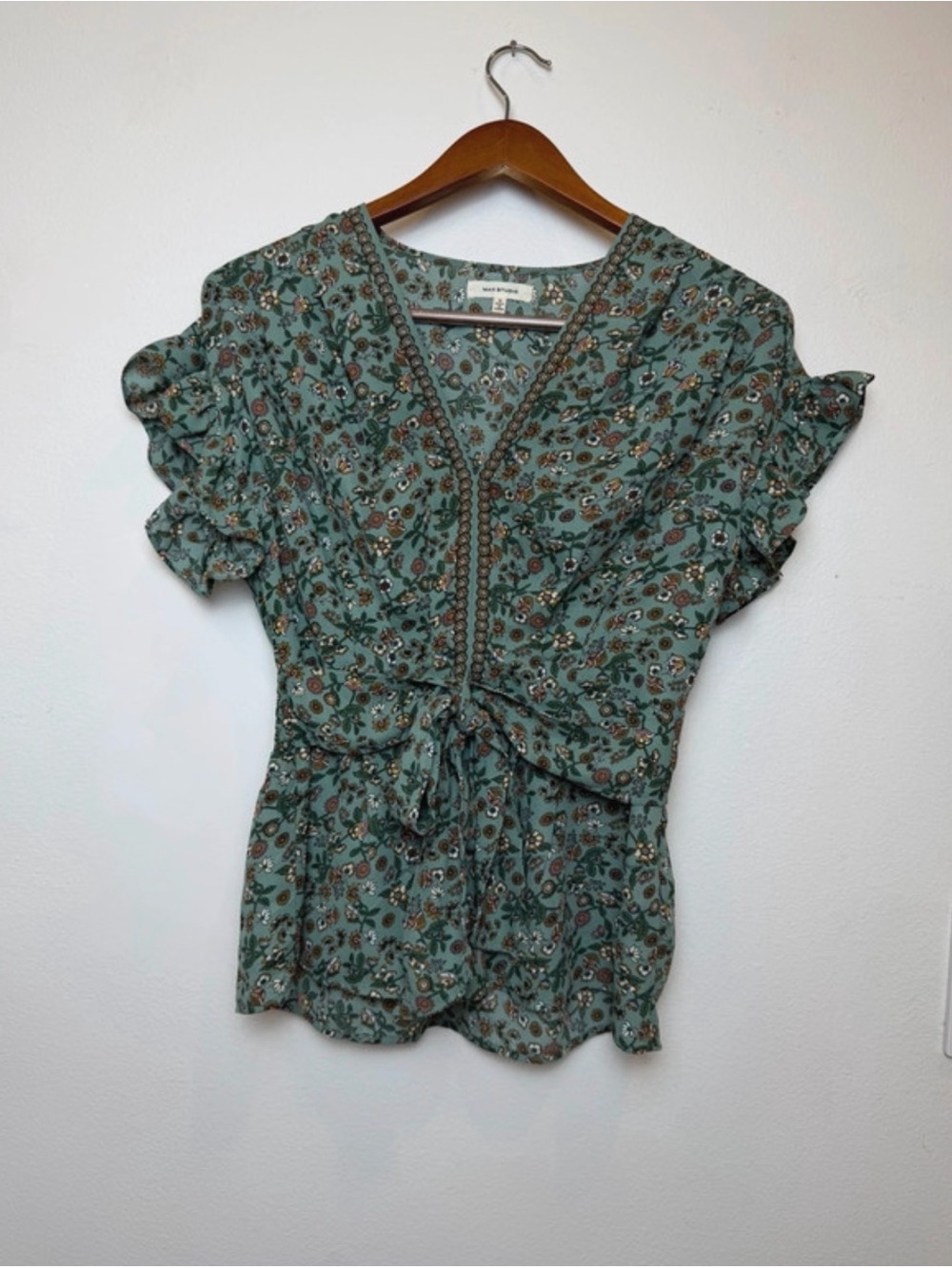 Max Studio Sage Green Floral Tie-Front Peplum Blouse - Picture 6 of 6